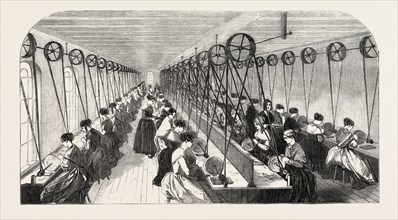 THE MANUFACTURE OF STEEL PENS IN BIRMINGHAM, UK: THE PEN GRINDING ROOM, 1851 engraving