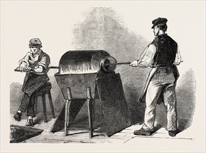 THE MANUFACTURE OF STEEL PENS IN BIRMINGHAM, UK: BRONZING STEEL PENS, 1851 engraving