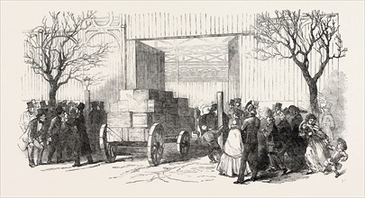 RECEPTION OF GOODS AT THE GREAT EXHIBITION BUILDING, IN HYDE PARK, LONDON, UK, 1851 engraving