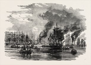 COLLIERS LEAVING THE HARBOUR, NORTH SHIELDS, AFTER THE BREAKING UP OF THE STRIKE, UK, 1851
