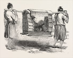 MODE OF TRAVELLING IN LOO CHOO, CHINESE SEAS, LOO-CHOO ISLANDS, RYUKYU ISLANDS, 1851 engraving
