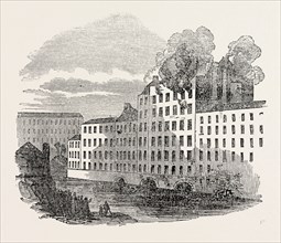 FIRE AND BOILER EXPLOSION AT MARSLAND'S COTTON FACTORY, STOCKPORT, UK, 1851 engraving