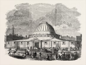 THE BUILDING IN LEICESTER SQUARE, LONDON, FOR MR. WYLD'S MODEL OF THE EARTH, UK, 1851 engraving