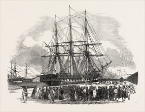 THE ST. LAWRENCE, IN SOUTHAMPTON DOCK, UNLOADING GOODS FOR THE GREAT EXHIBITION, UK, 1851 engraving