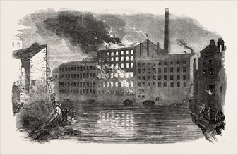 FIRE AND EXPLOSION AT MARSLAND'S PARK MILLS, STOCKPORT, UK, 1851 engraving