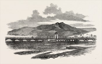 BRIDGEWATER BRIDGE: VIEW TOWARDS MOUNT DROMIDIDARY, HOBART TOWN, AUSTRALIA, 1851 engraving