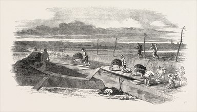 DRAINAGE OF WHITTLESEA MERE, THE DYKE-CUTTING, UK, 1851 engraving