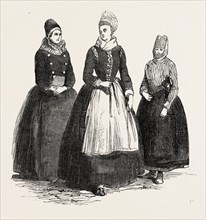 COSTUMES ON THE ISLAND OF FUNEN, DENMARK: CONFIRMATION DRESS, BRIDAL DRESS, FISHERMAN'S WIFE, 1851
