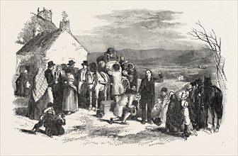 IRISH EMIGRANTS LEAVING HOME, THE PRIEST'S BLESSING, IRELAND, 1851 engraving