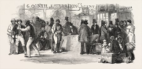 THE EMIGRATION AGENTS' OFFICE, THE PASSAGE MONEY PAID, 1851 engraving
