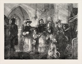 EXHIBITION OF THE ROYAL ACADEMY, THE SQUIRE'S PEW PAINTED BY T.F. MARSHALL, 1851 engraving