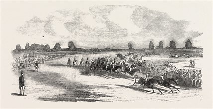 RACE HORSES GOING ROUND TATTENHAM CORNER, 1851 engraving