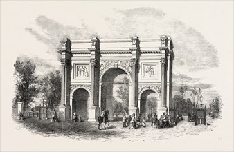 THE MARBLE ARCH CUMBERLAND-GATE HYDE PARK, LONDON, UK, 1851 engraving