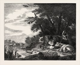 THE BRIDGEWATER GALLERY, MILKING COWS PAINTED BY AELBERT CUYP, 1620-1691, DUTCH PAINTER, 1851