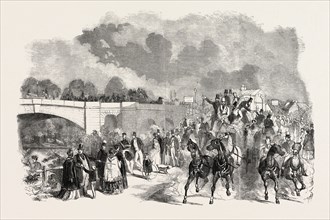 ASCOT RACES, 1851, SKETCH ON THE ROAD, STAINES BRIDGE, UK, HORSE RACING, EQUESTRIAN, 1851 engraving