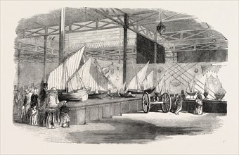 MODELS OF SHIPS AND BOATS FROM INDIA AT THE GREAT EXHIBITION, HYDE PARK, LONDON, UK, 1851 engraving