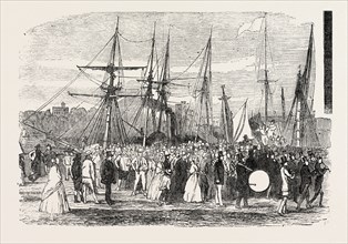 LANDING OF MESSRS. GARRATT'S WORKMEN, AT HORSEFERRY ROAD, ON THEIR VISIT TO THE GREAT EXHIBITION,