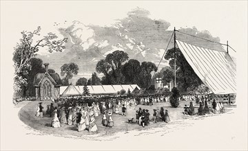 HORTICULTURAL AND FLORAL EXHIBITION AT THE ROYAL OLD WELLS, CHELTENHAM, UK, 1851 engraving
