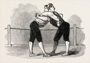 OLD ENGLISH SPORTS AT SAVILLE HOUSE, LEICESTER SQUARE, LONDON, UK: WESTMORELAND WRESTLING THE HOLD,