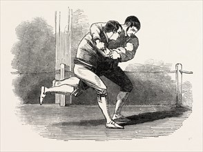OLD ENGLISH SPORTS AT SAVILLE HOUSE, LEICESTER SQUARE, LONDON, UK: CORNISH WRESTLING, 1851