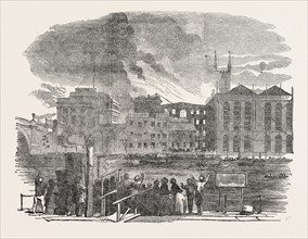 DESTRUCTIVE FIRE AT HIBERNIA WHARF, SOUTHWARK, LONDON, UK, 1851 engraving