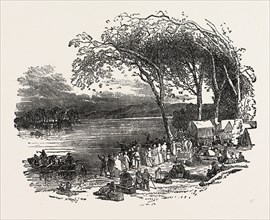 ENCAMPMENT OF MORMONS ON THE MISSOURI RIVER, UNITED STATES OF AMERICA, 1851 engraving