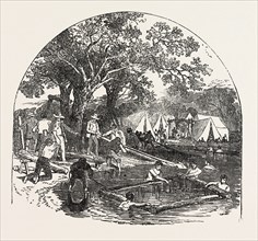 FORMATION OF A BRIDGE BY THE MORMONS, 1851 engraving