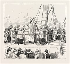 ON THE WAY TO PARAY-LE-MONIAL, FRANCE:  MASS ON BOARD THE STEAMER, 1873 engraving
