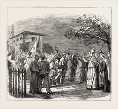 ON THE WAY TO PARAY-LE-MONIAL, FRANCE: ARRIVAL AT PARAY, 1873 engraving