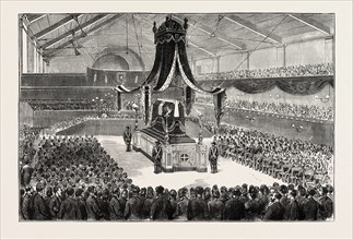 THE FUNERAL OF THE DUKE OF BRUNSWICK AT GENEVA: THE SERVICE IN THE HALL OF THE REFORMATION,