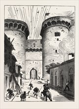 THE CIVIL WAR IN SPAIN: EXPLOSION AT THE CUARTE GATE, VALENCIA, 1873 engraving