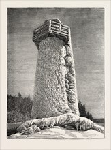 THE FALLS OF NIAGARA: THE TERRAPIN TOWER IN WINTER, CANADA, US, USA, 1873 engraving