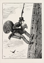 THE VICAR ASCENDING THE STEEPLE, ASHBOURNE CHURCH, DERBYSHIRE, UK, 1873 engraving