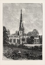 FIXING THE WEATHERCOCK, ASHBOURNE CHURCH, DERBYSHIRE, UK, 1873 engraving