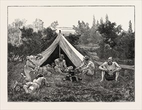 CAMPING OUT BY THE RIVER SIDE, 1873 engraving