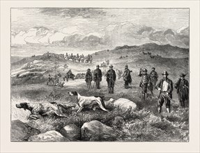 POINTER AND SETTER GROUSE TRIALS AT RHIWLAS, NORTH WALES: GENERAL VIEW OF THE GROUND, UK, 1873