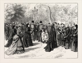 THE FETE NAPOLEON AT CHISLEHURST: RECEPTION OF THE VISITORS BY THE EX-EMPRESS EUGENIE IN THE GARDEN