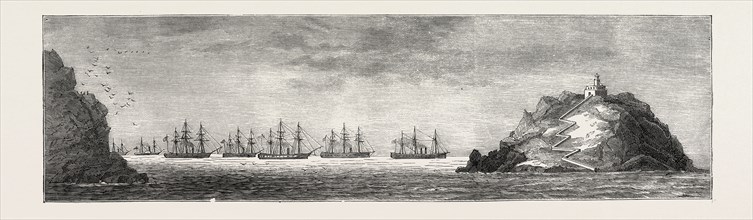 AFFAIRS IN SPAIN: THE GOVERNMENT FLEET OFF CARTAGENA, 1873 engraving