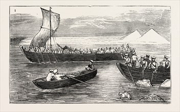 THE RUSSIAN EXPEDITION TO KHIVA: Passing the River Amu Darya by Russian troops, 1873 engraving