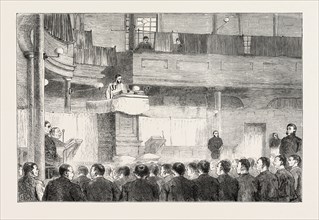 RELIGIOUS SERVICES IN JAIL: THE PROTESTANT CHAPEL, MILLBANK, LONDON, UK, 1873 engraving