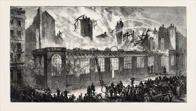 BURNING OF THE OLD PARIS OPERA HOUSE, VIEWED FROM THE RUE LE PELETIER, FRANCE, 1873 engraving