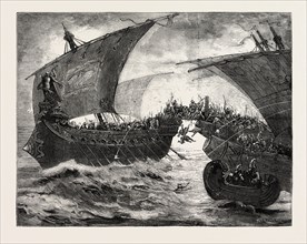 THE BATTLE OF ACTIUM, SCENE FROM ANTONY AND CLEOPATRA AT DRURY LANE THEATRE, LONDON, UK, 1873