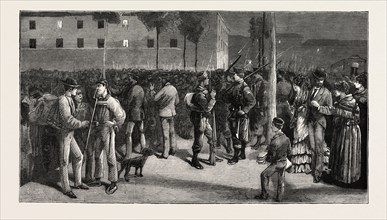 THE CIVIL WAR IN SPAIN: SOLDIERS LEAVING MADRID FOR THE NORTH, 1873 engraving