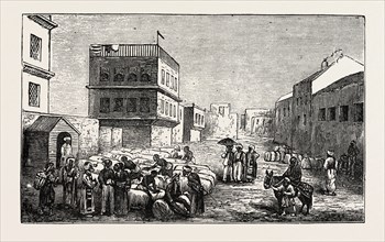 COTTON YARD, MINET EL BASEL, ALEXANDRIA, DRAWING SAMPLES FROM COTTON BAGS, EGYPT, 1873 engraving