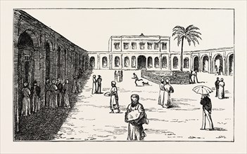 THE NEW EXCHANGE MINET EL BASEL, ARAB MERCHANTS SELLING THEIR COTTON CROPS, EGYPT, 1873 engraving