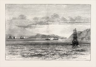 THE TETUAN AND THE VITORIA EXCHANGING BROADSIDES, SKETCHED FROM H.M.S. RESEARCH, 1873 engraving