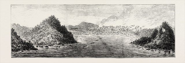 THE ASHANTEE WAR: VIEW OF AQUIDAH, SHELLED BY H.M.S. DRUID, AUGUST 28, 1873, ANGLO ASHANTI WAR,
