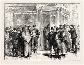 THE STRIKE IN SOUTH WALES, UK: A STREET SCENE AT MERTHYR, BEFORE THE LORD RAGLAN, 1873 engraving