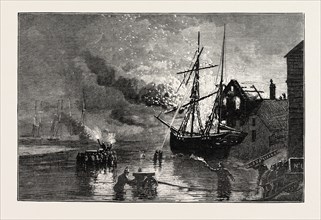 THE TRURO VOLUNTEER FIRE BRIGADE AT A FIRE ON THE QUAY SIDE, UK, 1873 engraving