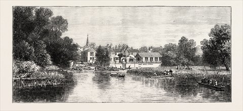 THE PROPOSED WATERWORKS AT THAMES DITTON, THE RIVER SIDE AS IT NOW IS, UK, 1873 engraving